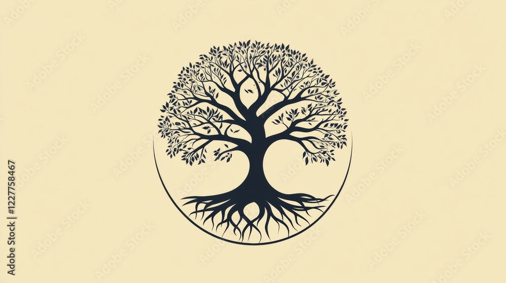 Fototapete Visual representation of the tree of life with intricate roots and branches in a minimalist design. Generative AI