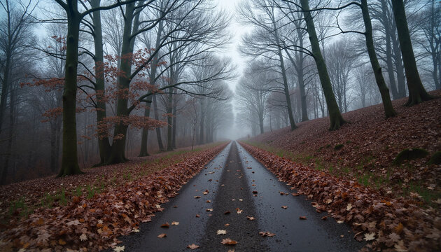 Misty forest road lined with autumn leaves, Rainy Days Theme
