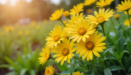 Yellow flowers blooming in a sunny garden, Rainy Days Theme