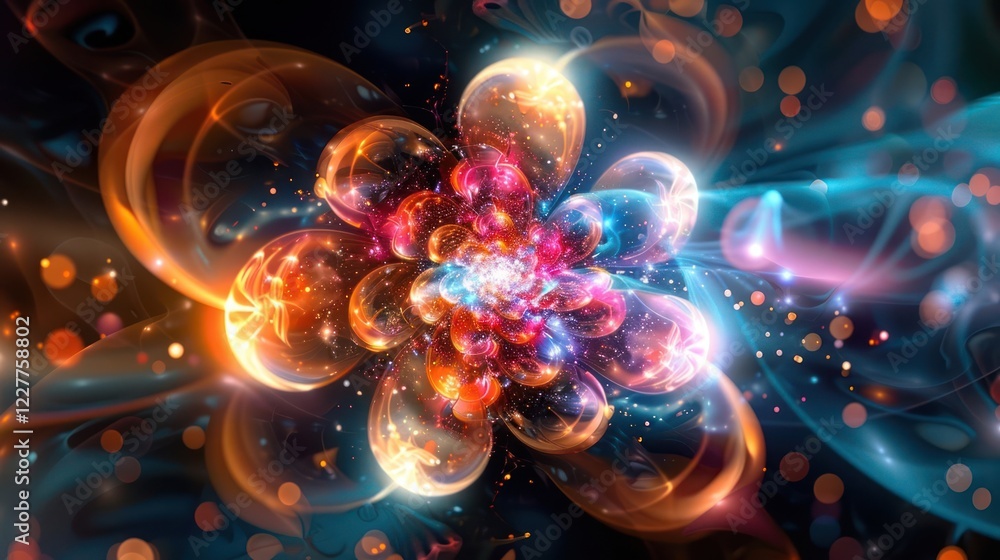 Poster vibrant abstract composition with colorful orbs and swirling light patterns in a cosmic setting