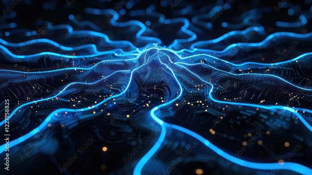 Poster abstract digital landscape featuring glowing blue lines and intricate circuitry patterns
