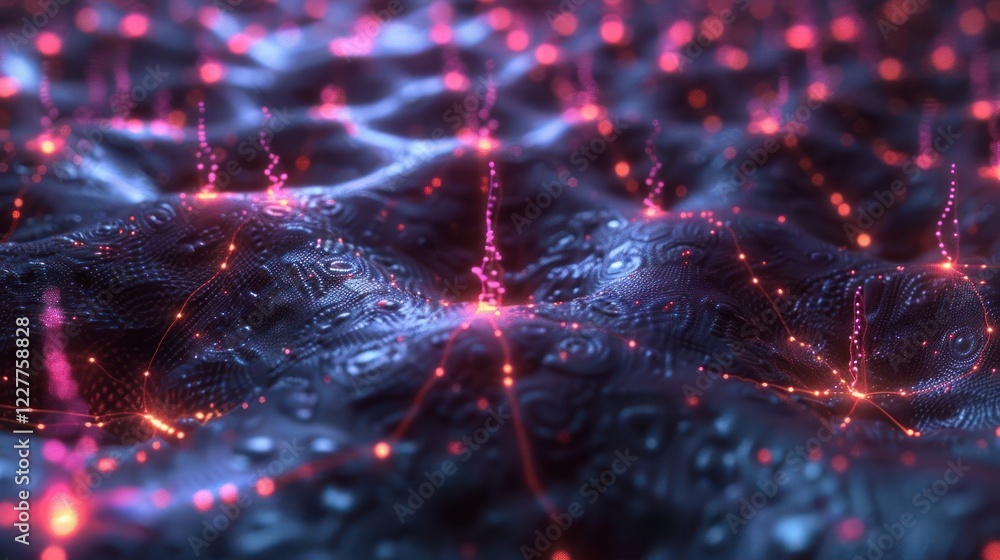 Poster abstract representation of a digital landscape with glowing nodes and intricate textures