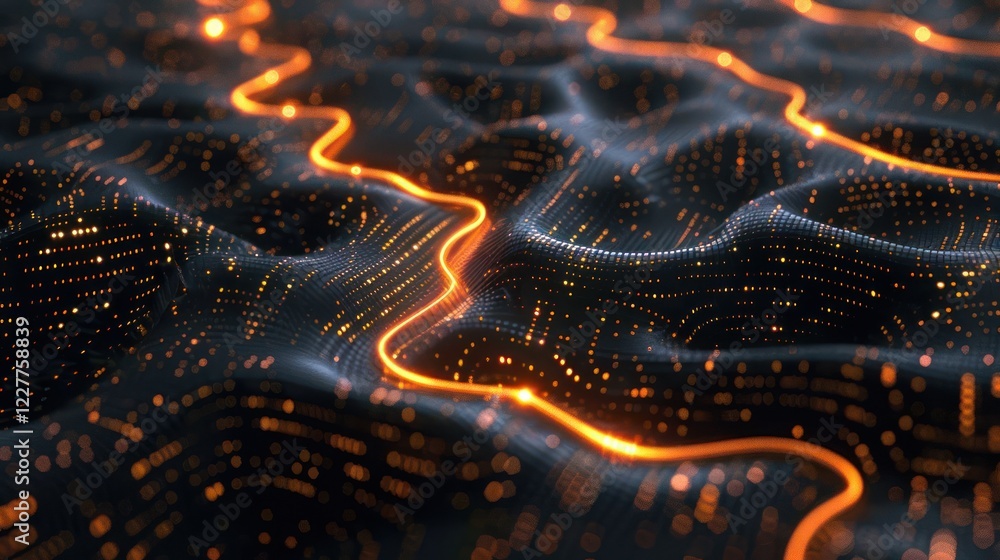 Poster abstract digital landscape with glowing lines and particles creating a futuristic atmosphere (1)