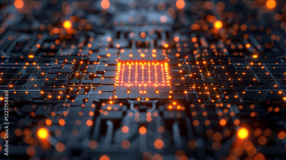 Poster close-up view of a glowing microchip with intricate circuitry and vibrant orange lights