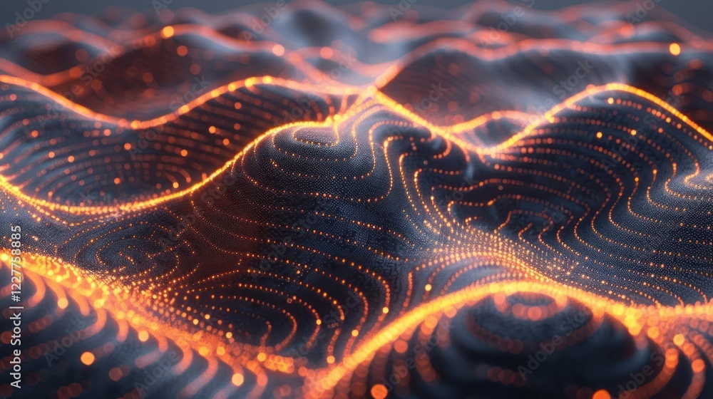 Poster abstract visualization of glowing waves with intricate patterns and vibrant colors in a digital land