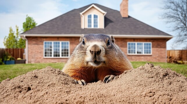 Groundhog peeking from its burrow in a residential backyard. A curious look at wildlife and suburban living.