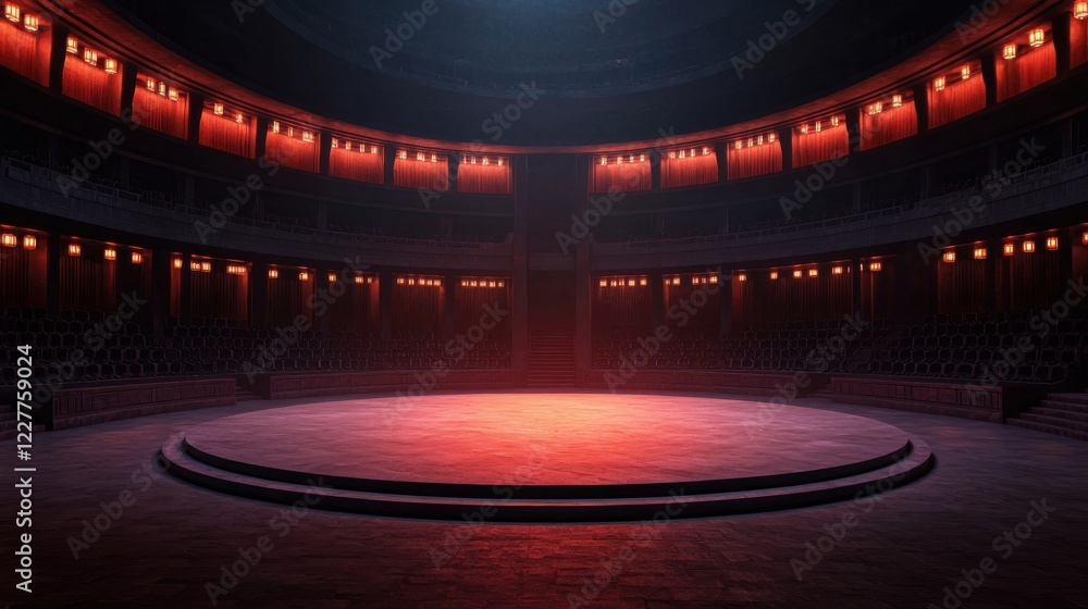 Poster a dimly lit stage with a circular spotlight, surrounded by a theater-style seating area, creating an