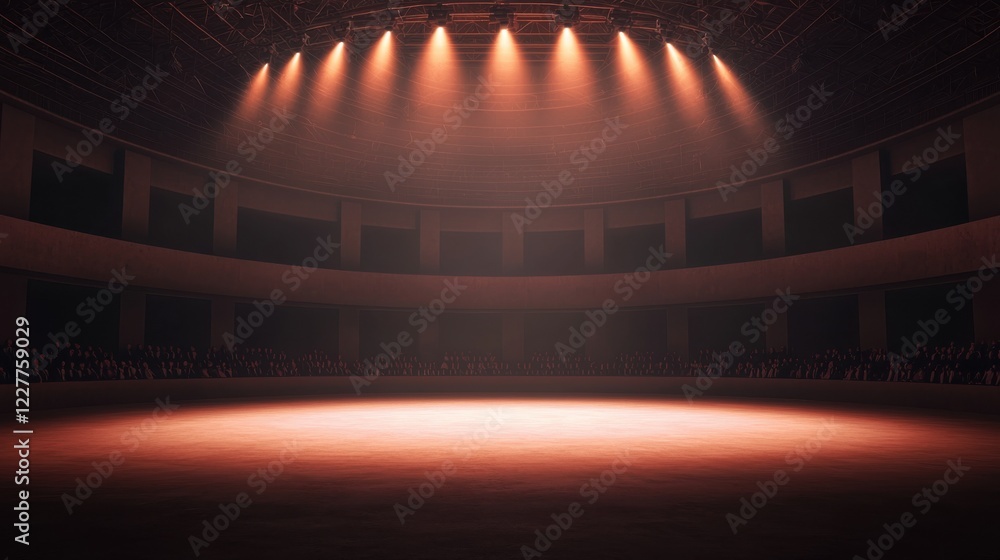 Poster a dimly lit stage with warm spotlights, creating an inviting atmosphere for performances in a circul