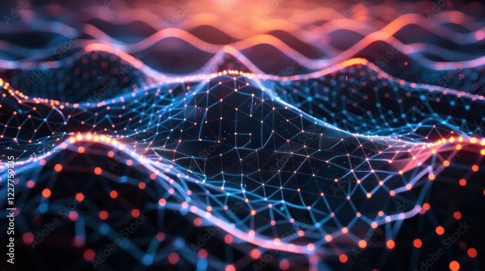 Poster abstract representation of digital waves with glowing nodes and lines, illustrating technology and c