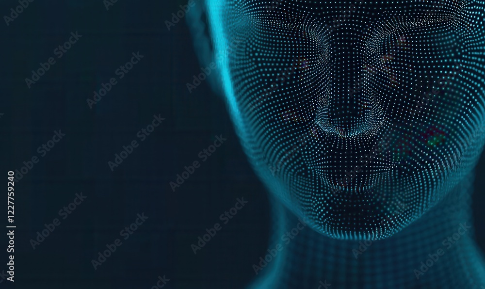 Poster abstract representation of a digital face in neon colors with glowing patterns against a dark backgr