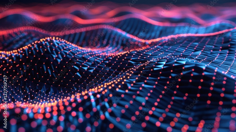 Poster abstract representation of dynamic waves with glowing dots in a digital landscape at night