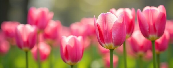 Obraz premium Soft petals of pink tulips gently swaying in spring breeze, Nature, Colorful