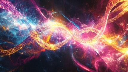 An abstract image of a DNA strand intertwined with bright, flowing streams of light and energy against a dark, cosmic background