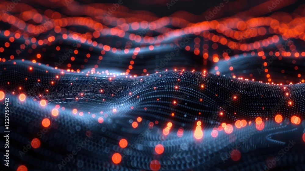 Poster abstract visualization of flowing data waves with glowing red and blue particles in motion