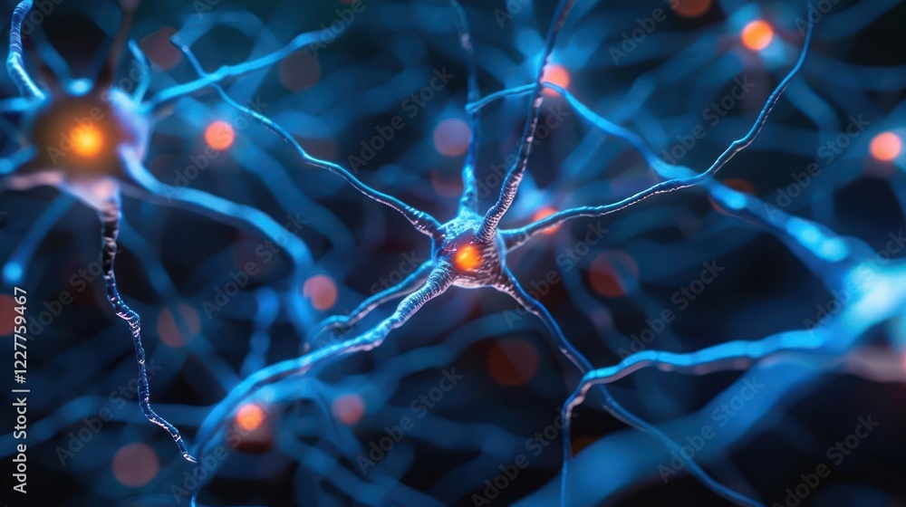 Poster close-up view of interconnected neurons with glowing synapses in a vibrant digital environment