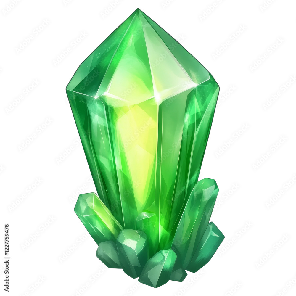 Poster a large luminous green crystal sits atop a cluster of smaller crystals glowing with inner light.