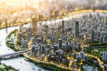 Fototapeta premium City skyline at sunset with illuminated buildings and flowing river nearby