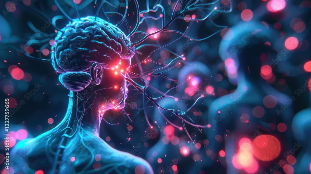 Poster futuristic representation of a human brain connected with glowing neural networks amidst abstract fi