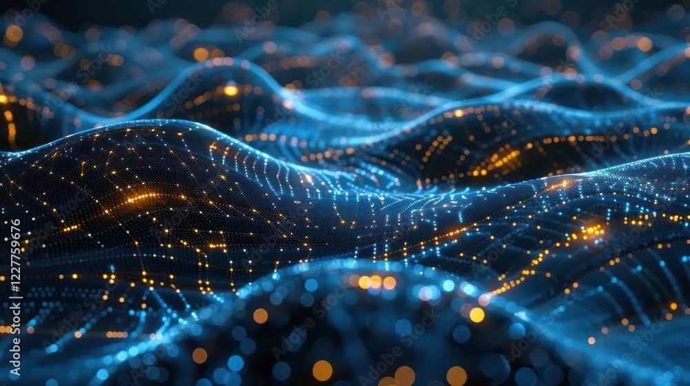 Poster abstract visualization of flowing waves of data with glowing lights in a digital landscape