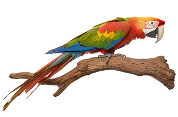 Obraz premium a macaw parrot sitting on a wooden branch against isolated on a transparent background 