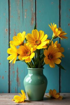 Sunny yellow petals unfolding on a rustic wooden wall texture, bright colors, bright, flowers in a vase