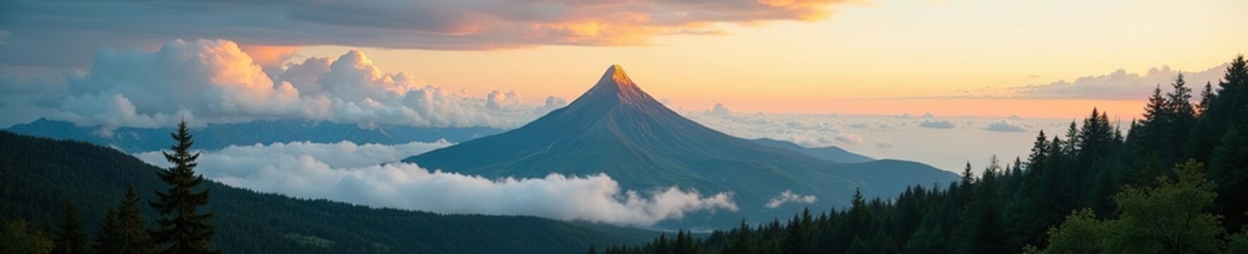 A majestic forest features a towering golden horn, clouds, hilltop, sky