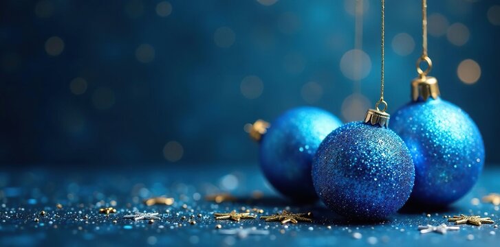 Sparkling blue tinsel balls on a dark blue background with scattered golden snowflakes, holiday decor, festive decorations, snowflakes