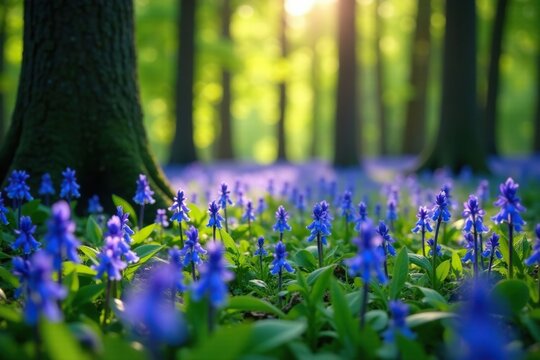 A carpet of bluebells covering the forest floor in soft hues, forest, bluebells