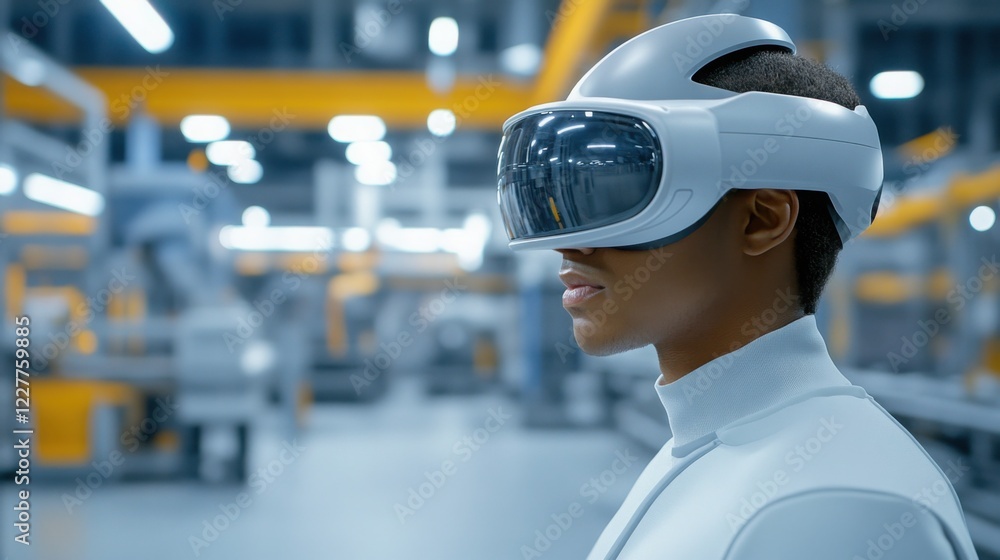 Poster wide-angle shot of an operator in vr glasses overseeing ai-powered assembly lines in a fully automat