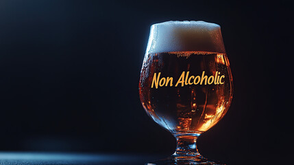 Cold non-alcoholic beer in a glass with text on blurred background