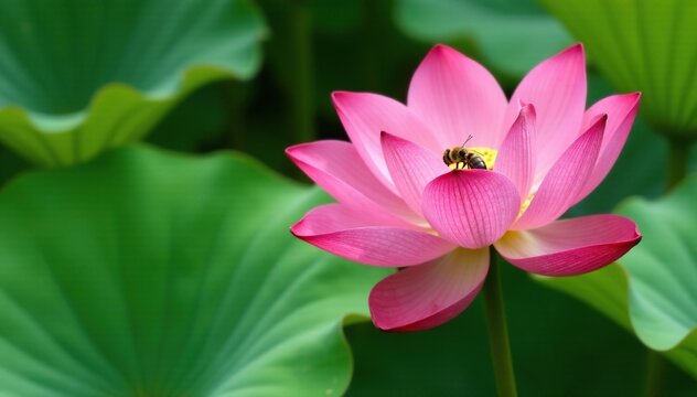 Bees resting at the base of a large pink lotus flower, natural, summer