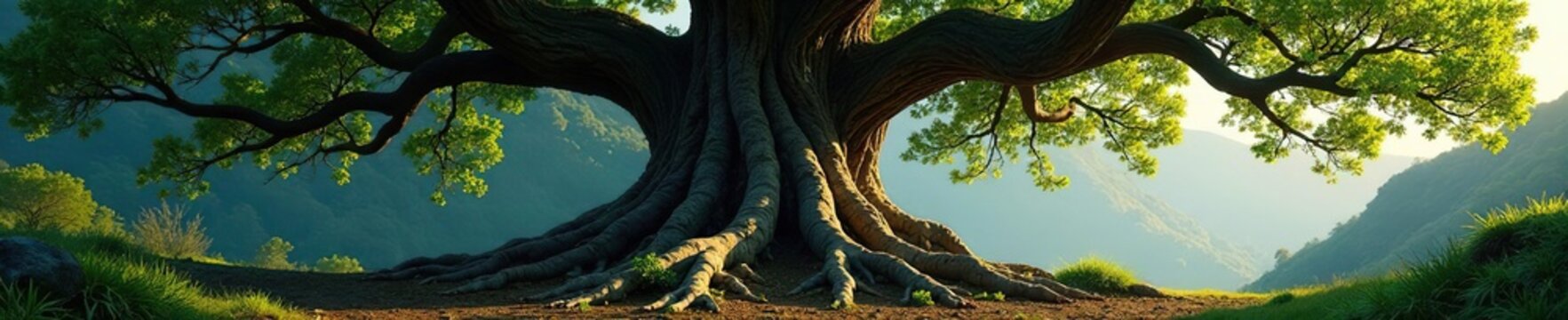 Majestic tree with sprawling roots and gnarled branches, ancient, wood