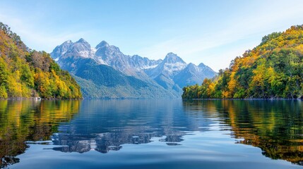 Fototapeta premium Autumn mountain lake reflection, tranquil scene, fall foliage