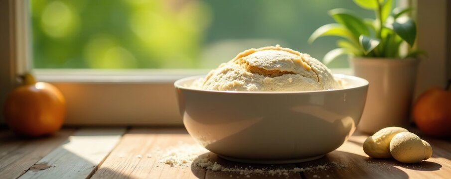 Sourdough starter bubbling in a ceramic container on a sunny windowsill, yeast, ceramic