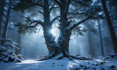 Sparkling blue light illuminating the snow-covered canopy of an ancient evergreen tree in a mystical forest, winter wonderland , wintry atmosphere