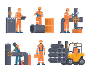 Oil and Gas Industry Workers Collection with Pipes and Industrial Elements. Editable Vector Illustration, Easy to Customize
