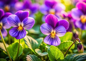 Close-up of Wild Violets: Viola Odorata, Viola Hirta, Viola Sororia Blossoms