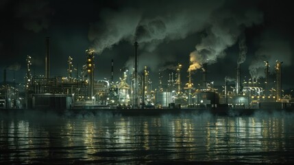 Nighttime industrial scene showcasing a bustling refinery with smoke and lights reflecting on water