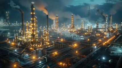 Nighttime industrial landscape with illuminated factories and smokestacks against a cloudy sky