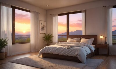 Fototapeta premium Soft morning light filters through the window, illuminating a peaceful bedroom scene with a serene sunset background, relaxation, sunrise morning