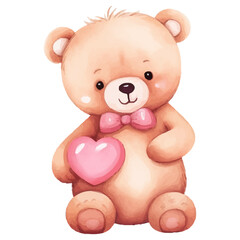 Watercolor Bear with Heart For Valentine's Day Celebration Illustration