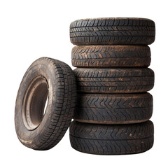 A stack of five used tires sits beside a single worn tire against a black background.