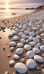 Obraz premium Softly glowing white pebbles scattered on the beach at sunset, natural light, sandy beach