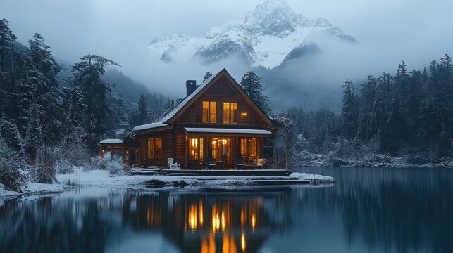 Illuminated lakeside cabin, snowy mountains, twilight