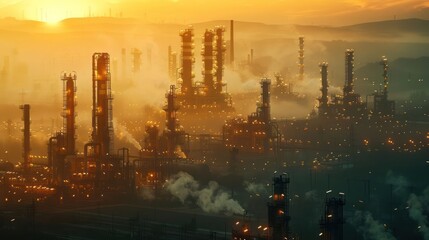 Obraz premium Industrial skyline at sunset with smokestacks and atmospheric haze in the background