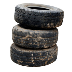 A vertical stack of three old, dirty, and worn-out tires against a black background.