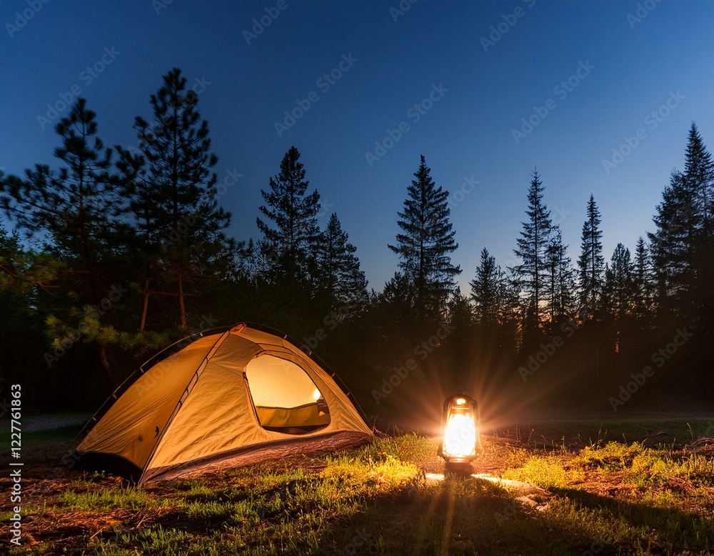 Wall mural cozy camping scene with a glowing lantern and illuminated tent in a serene forest under twilight