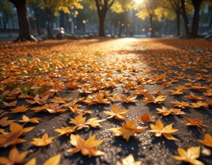 Softly glowing leaves scattered on the ground, golden brown, leafy terrain, natural hues
