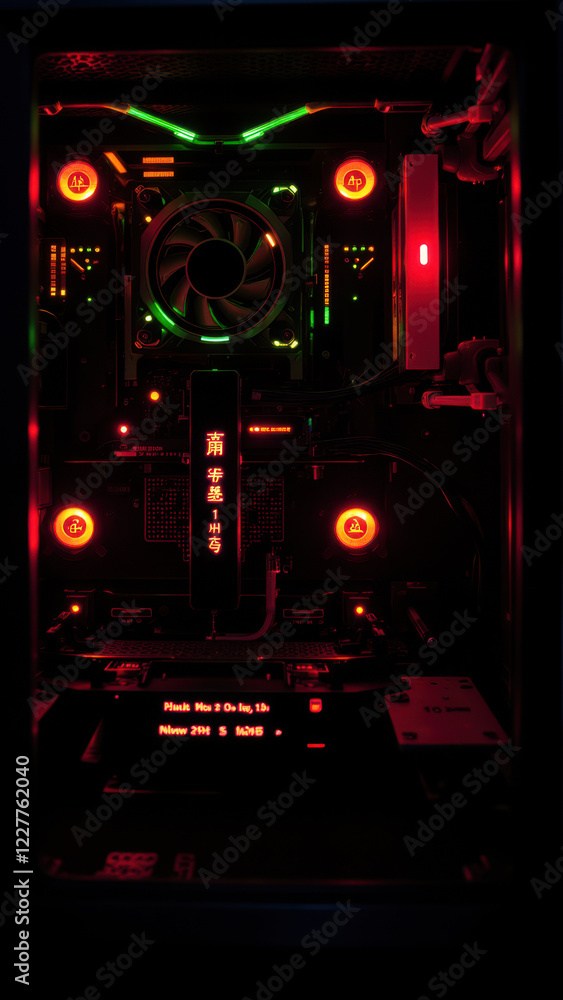 Poster close-up view of a computer motherboard with vibrant led lights.