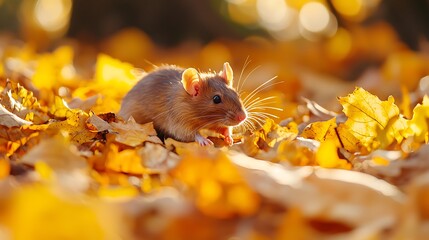 Tiny mouse foraging among vibrant golden autumn leaves in warm sunlight